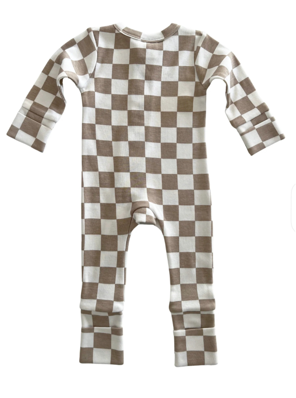 Brown and white checkered baby onesie with long sleeves, viewed from the back.