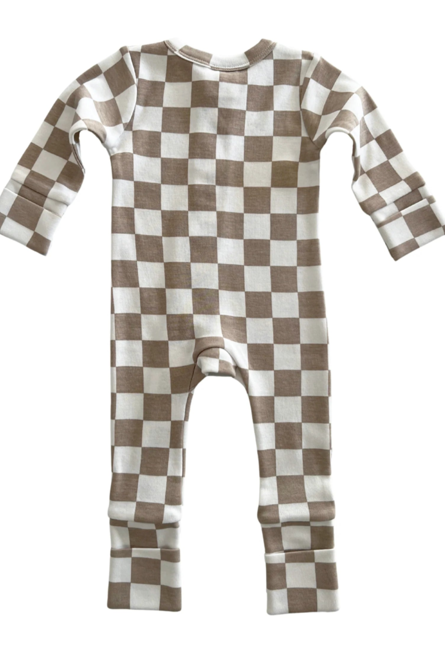 Brown and white checkered baby onesie with long sleeves, viewed from the back.
