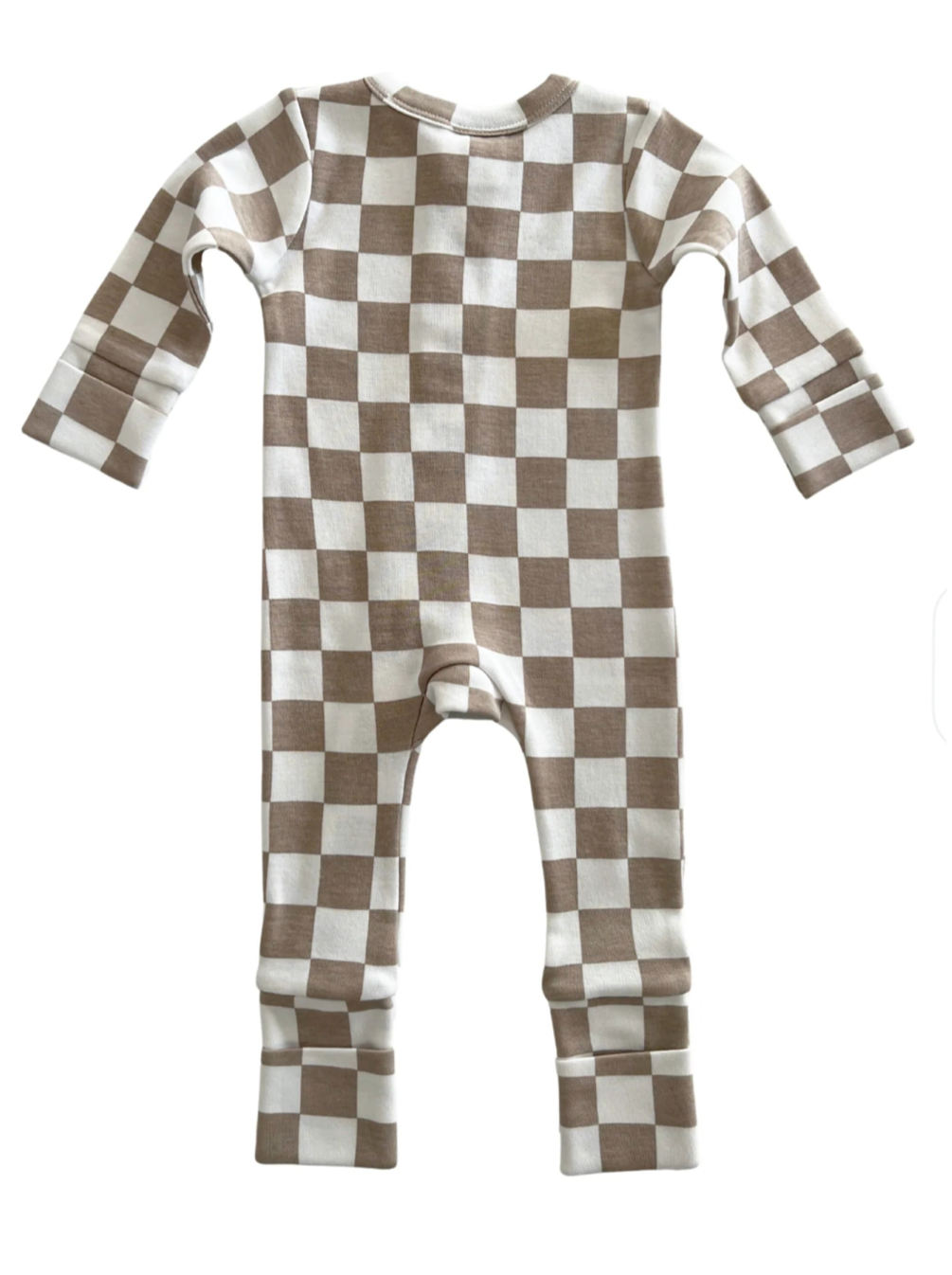 Brown and white checkered baby onesie with long sleeves, viewed from the back.