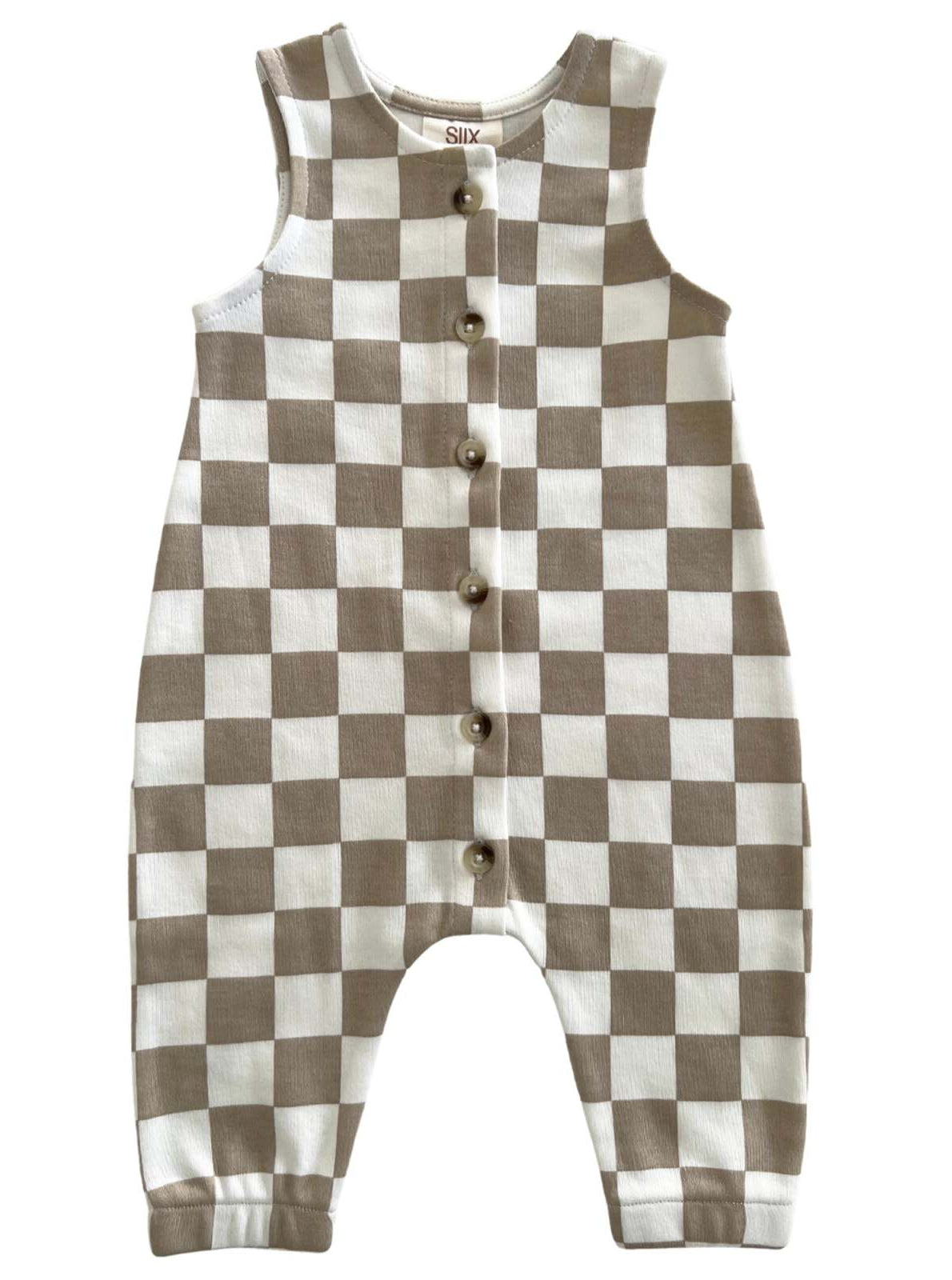 Beige and white checkered infant romper with buttons down the front. Perfect for stylish baby outfits.