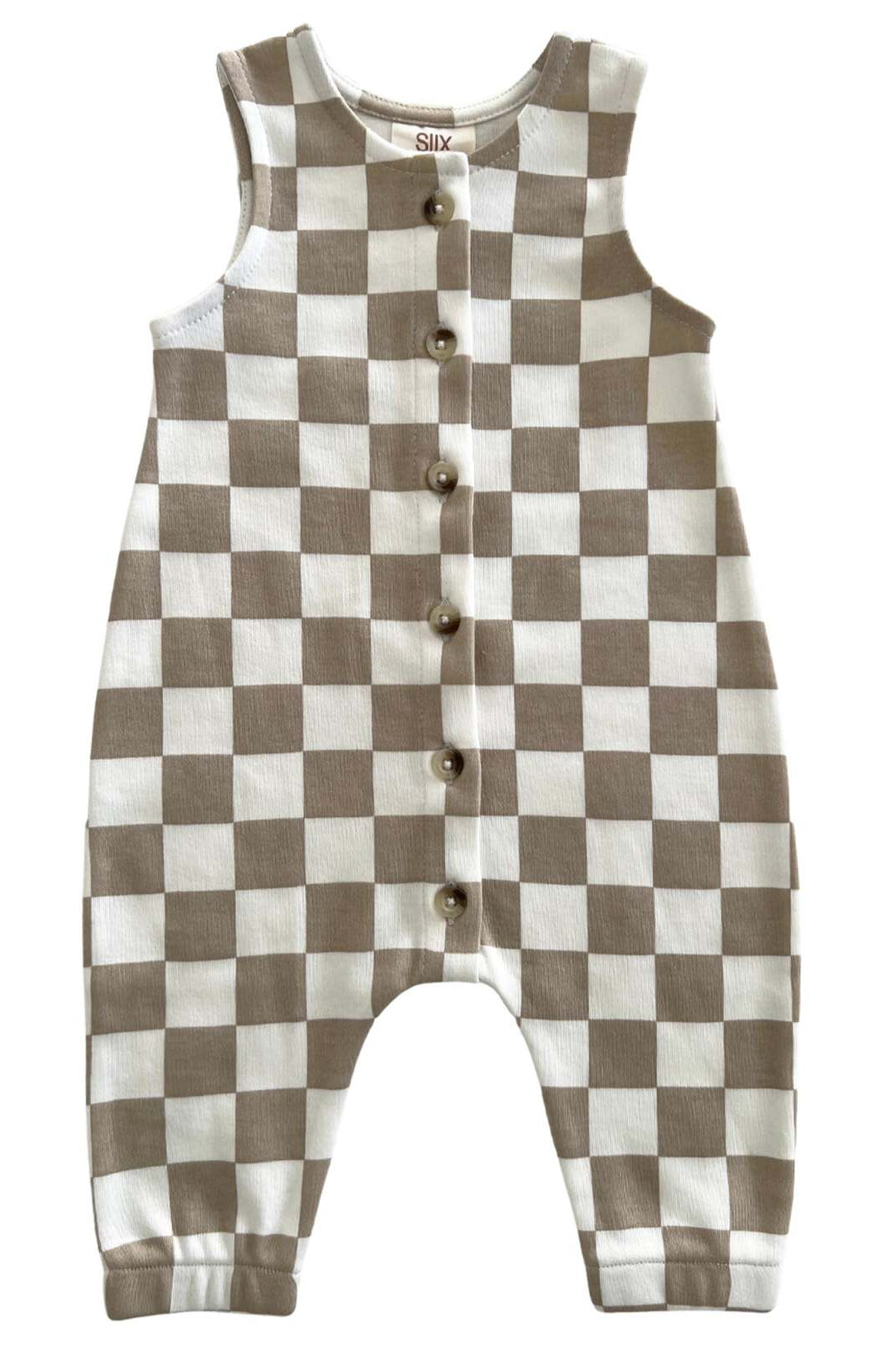 Beige and white checkered infant romper with buttons down the front. Perfect for stylish baby outfits.