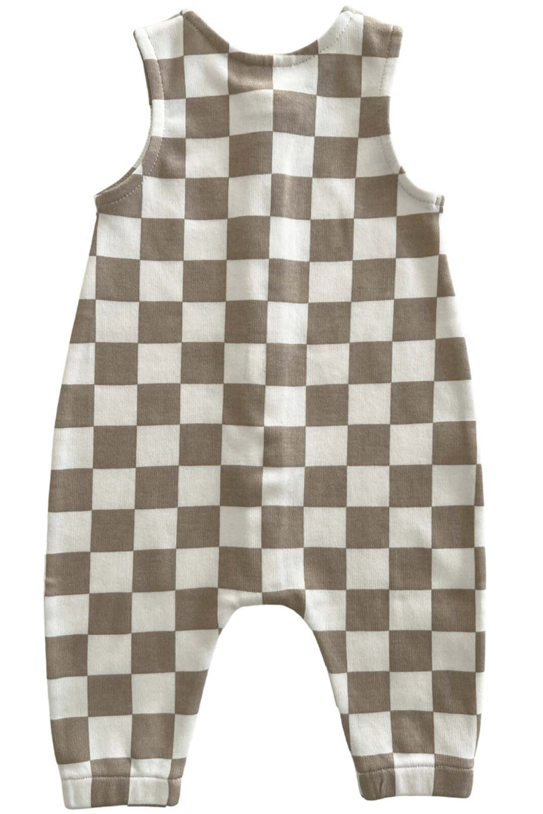 Tan and white checkered toddler romper, sleeveless, with leg openings for easy wear.