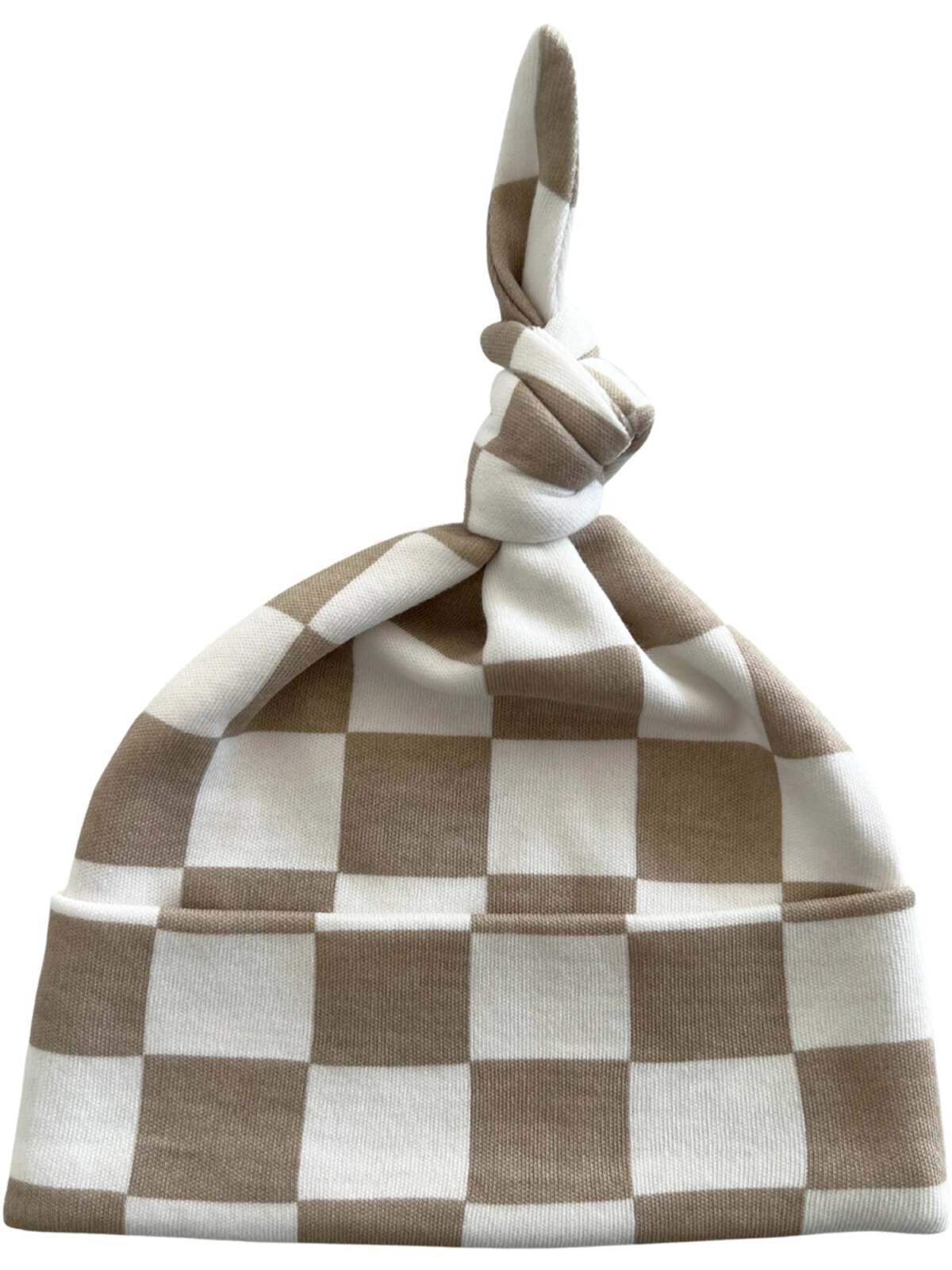 Brown and white checkered baby beanie hat with a top knot style.