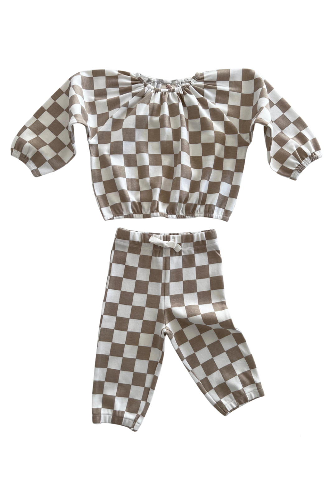 Brown and white checkered toddler outfit featuring a puff-sleeve top and matching pants.