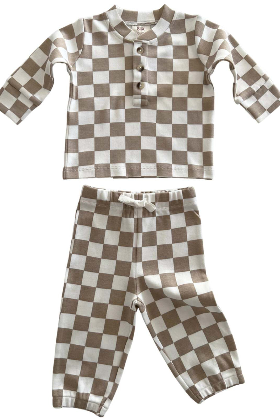 Light brown and white checkered baby outfit featuring a long-sleeve top and matching pants.