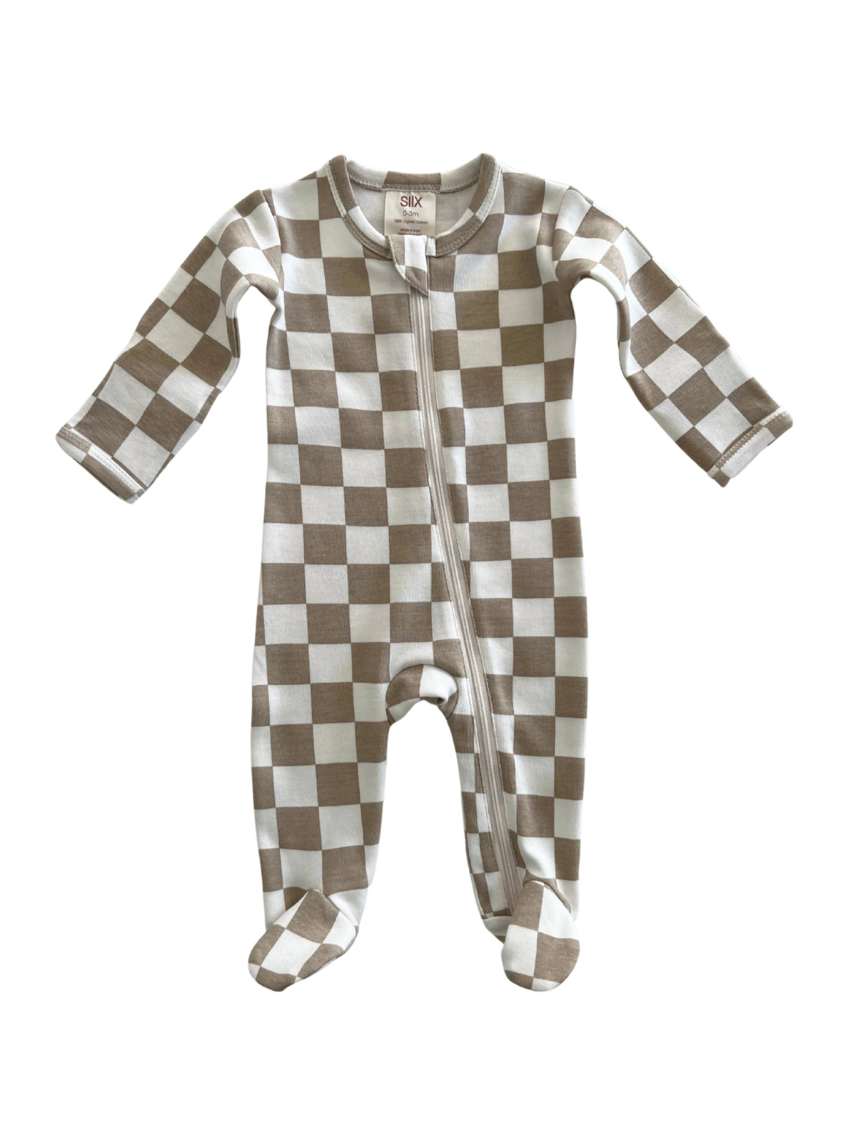 Brown and white checkered infant onesie with long sleeves and zip closure.