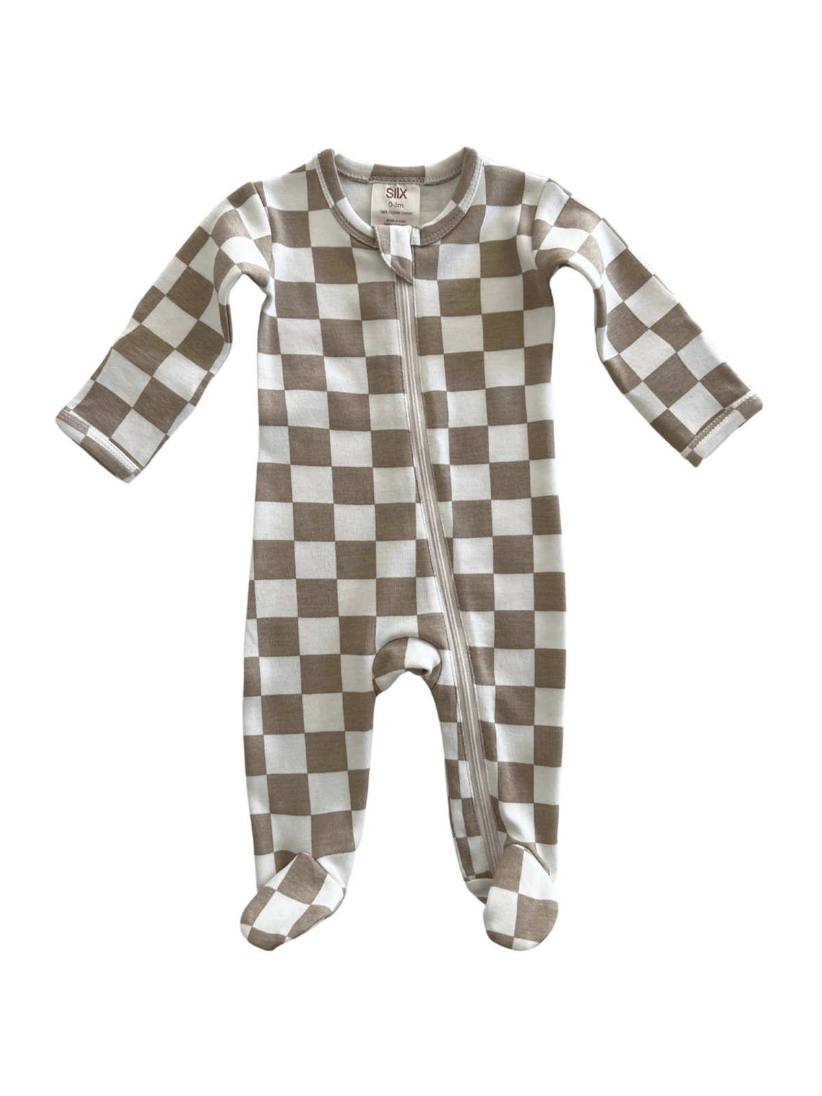Brown and white checkered infant onesie with long sleeves and zip closure.