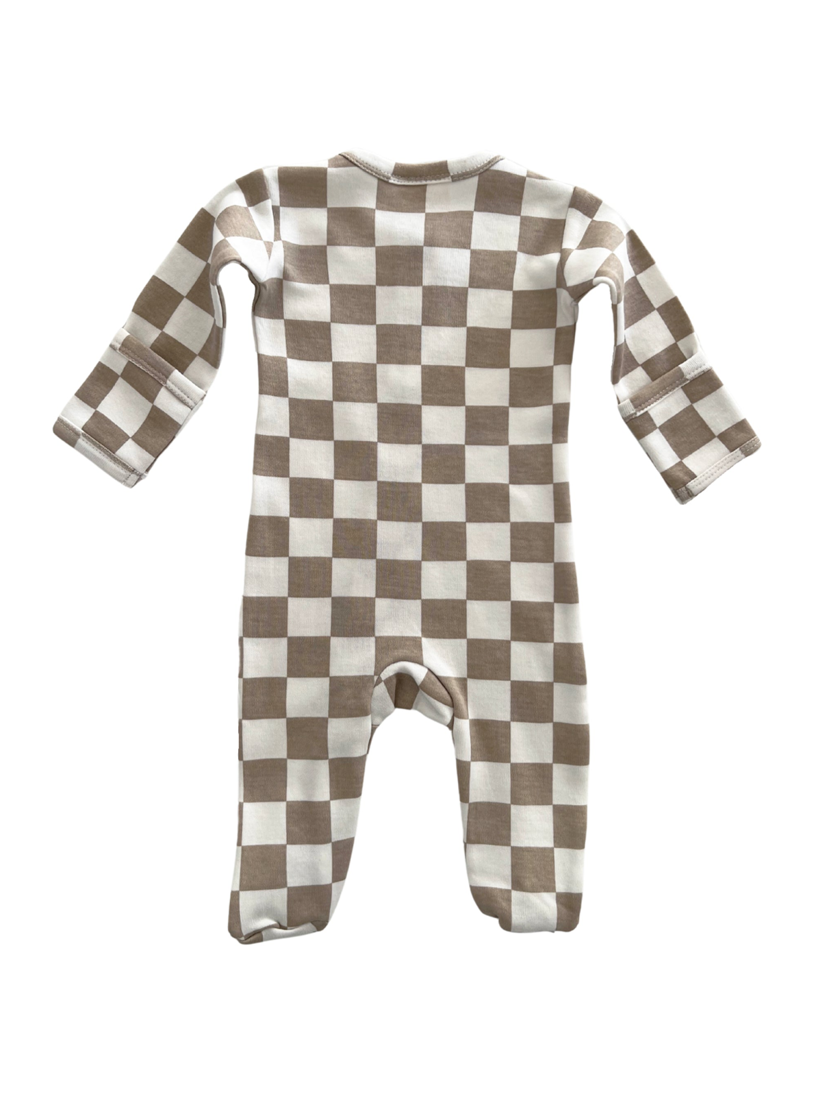 Brown and white checkered baby onesie, featuring long sleeves and footed design, displayed from the back.