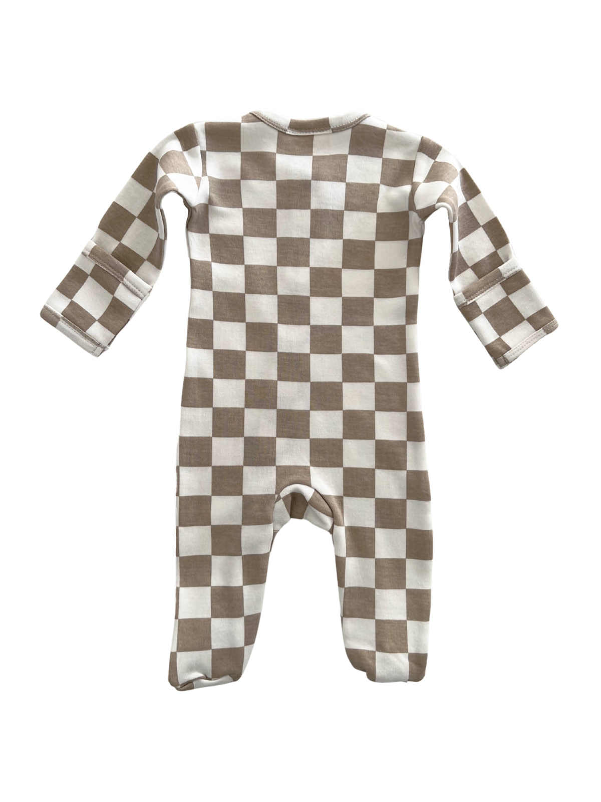 Brown and white checkered baby onesie, featuring long sleeves and footed design, displayed from the back.