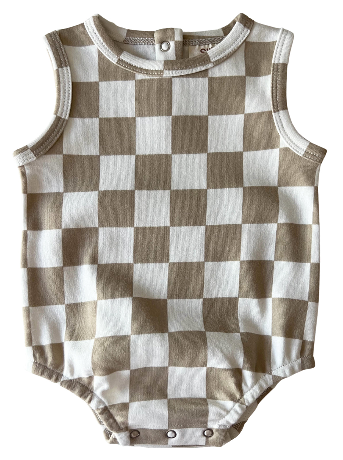 Tan and white checkered baby bodysuit with sleeveless design and snap closure at the bottom.