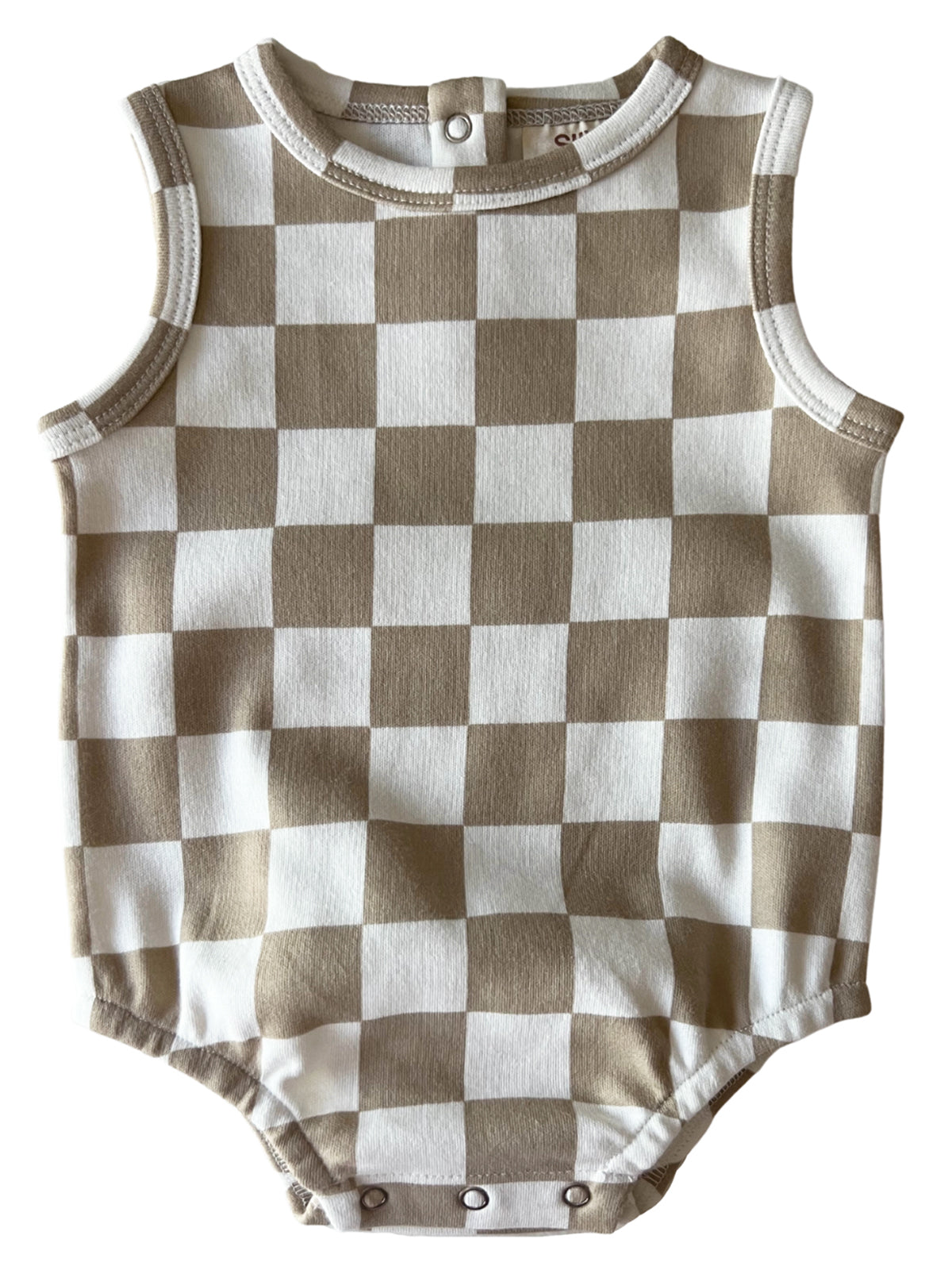 Tan and white checkered baby bodysuit with sleeveless design and snap closure at the bottom.