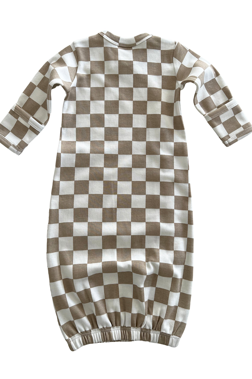 Brown and white checkered long-sleeve dress with gathered hem, displayed from the back.