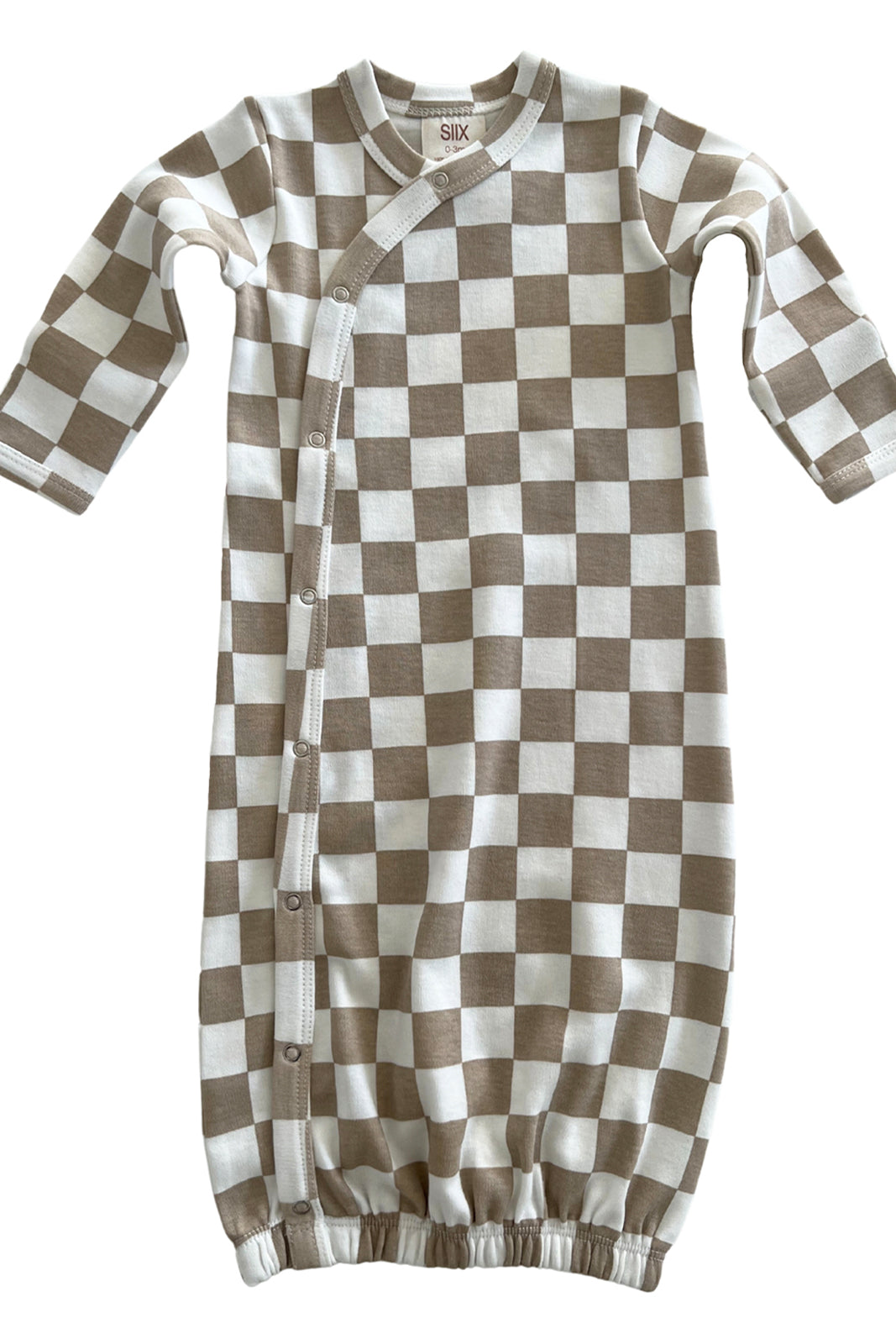 Brown and white checkered baby sleep sack with long sleeves and snap buttons. Soft, cozy, and designed for comfort.