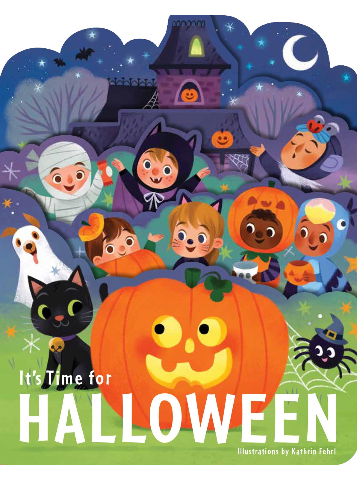 Children in costumes celebrate Halloween with a pumpkin, black cat, and a spooky castle in the background.