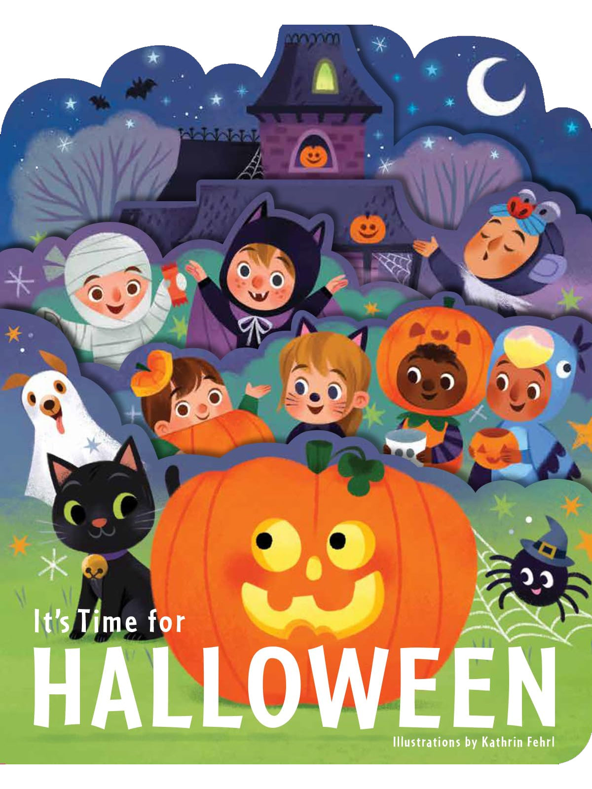 Children in costumes celebrate Halloween with a pumpkin, black cat, and a spooky castle in the background.
