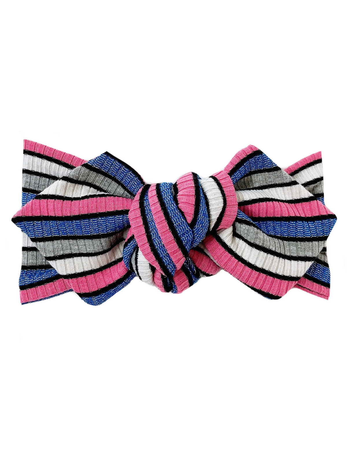 Striped fabric headband in pink, blue, gray, and black, featuring a knot detail at the center.