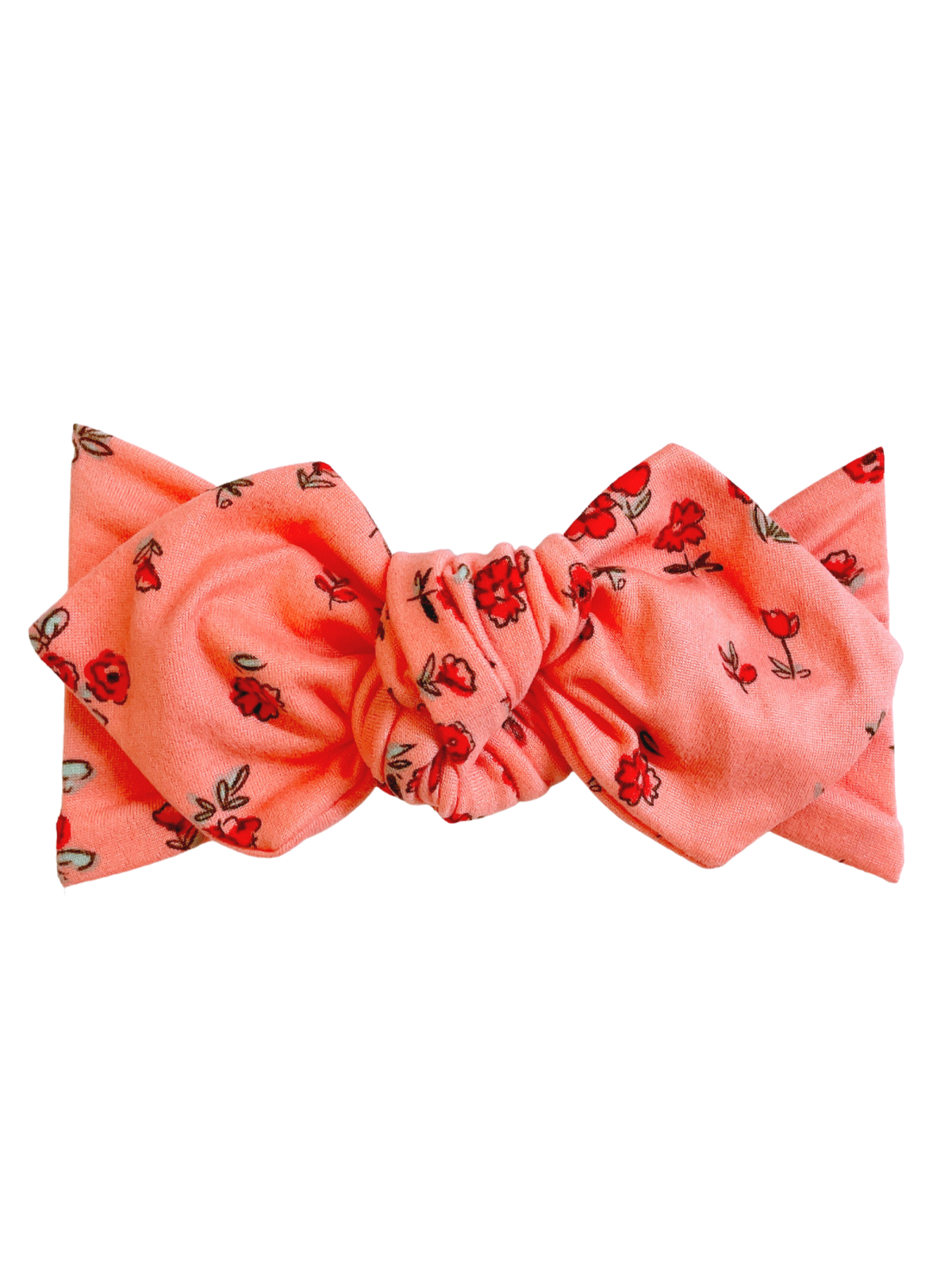 Coral floral hair scarf with a large bow, perfect for styling and accessorizing hair.