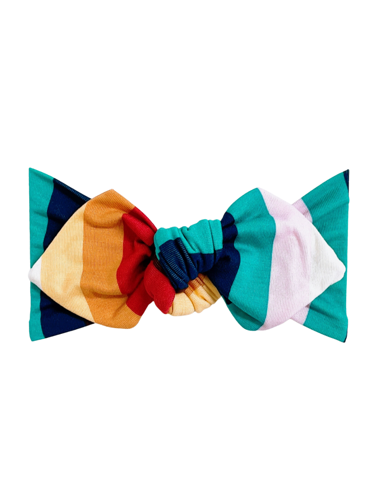 Colorful fabric hair bow with stripes in teal, red, orange, navy, and pink against a white background.