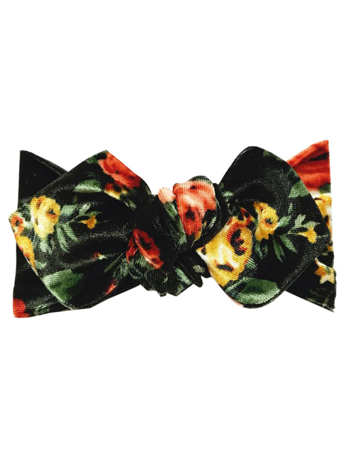 Floral velvet hair bow in black, featuring red, yellow, and green flowers for a stylish accessory.