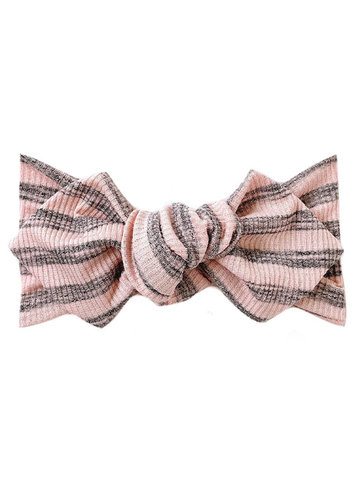 Pink and gray striped headband with a knotted detail at the center, set against a white background.