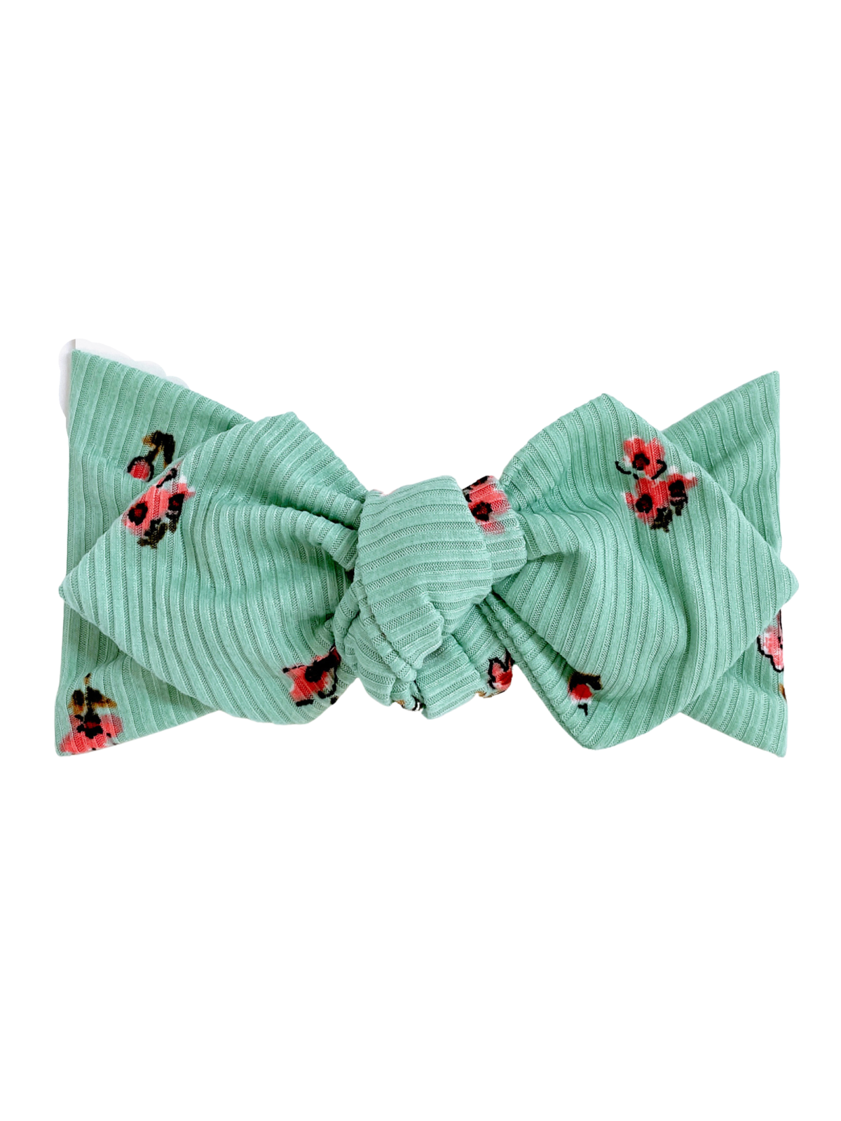 Mint green floral hair bow, featuring textured fabric and a knotted center design. Perfect for any occasion.