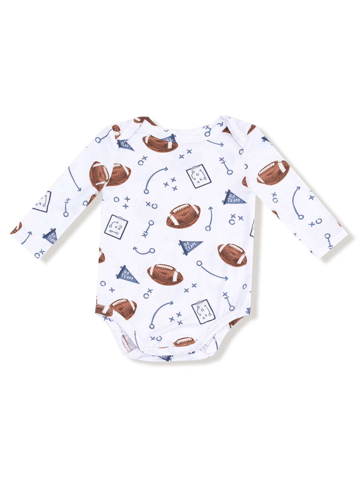 Long-sleeve baby onesie featuring a playful football and game strategy print in blue and brown on a white background.