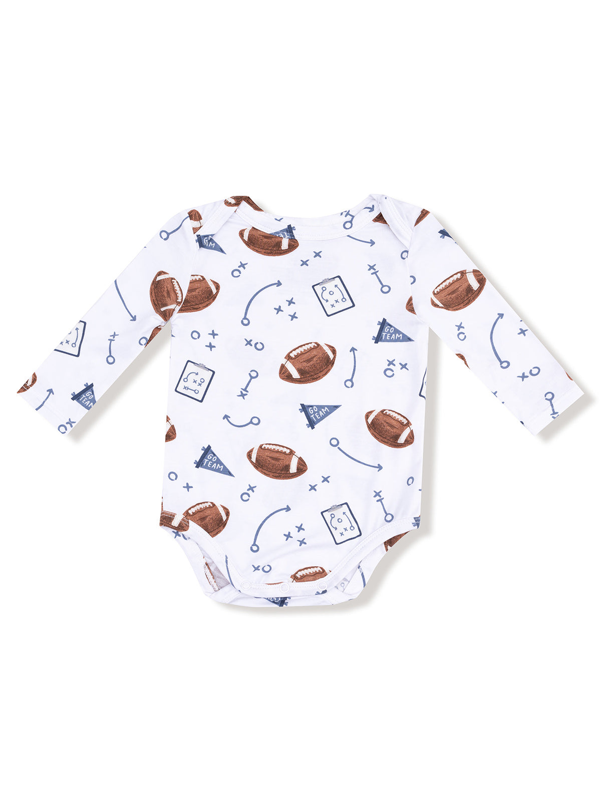Long-sleeve baby onesie featuring a playful football and game strategy print in blue and brown on a white background.
