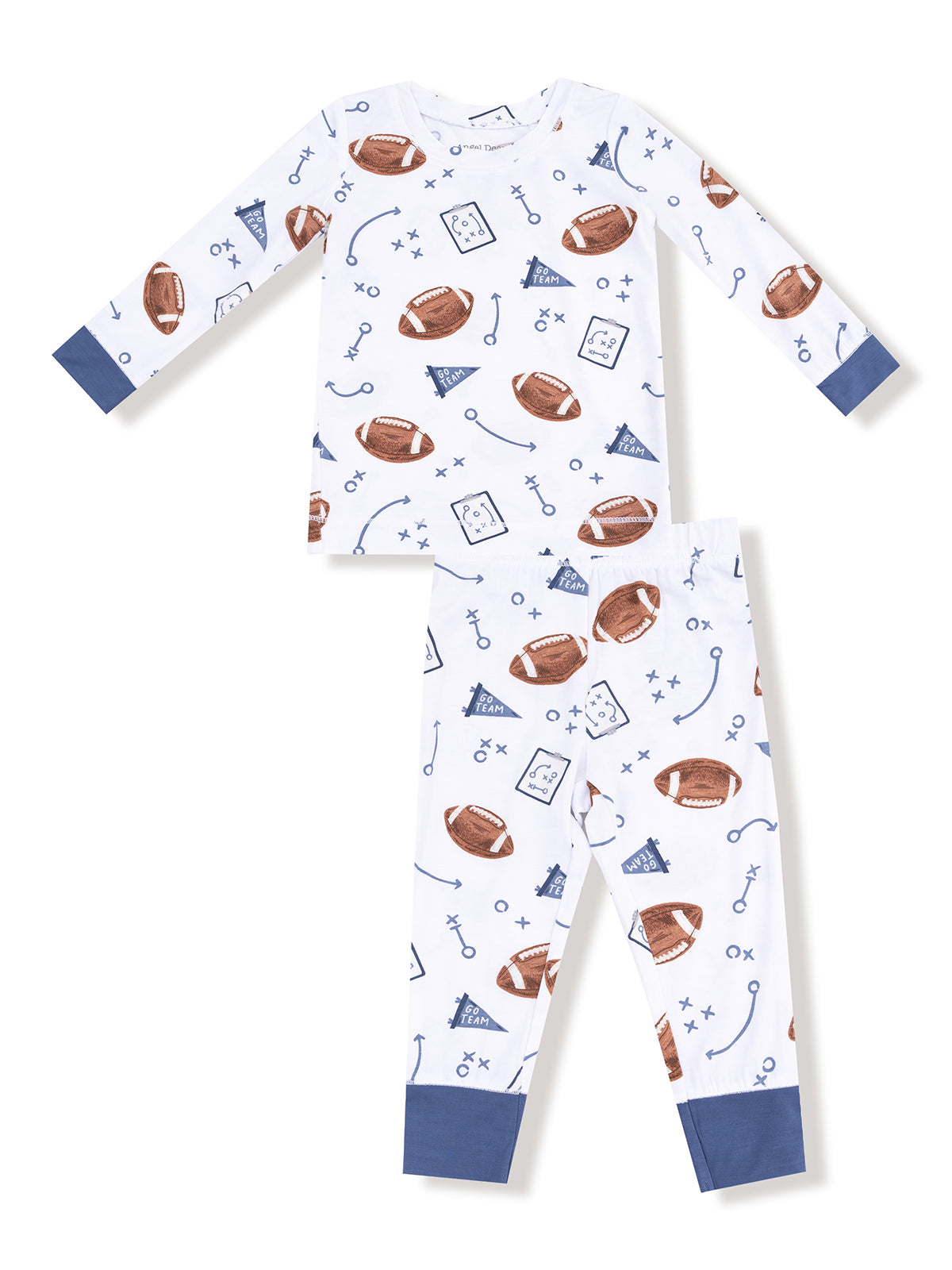 Football-themed kids' pajama set featuring long sleeves and pants in a playful print.