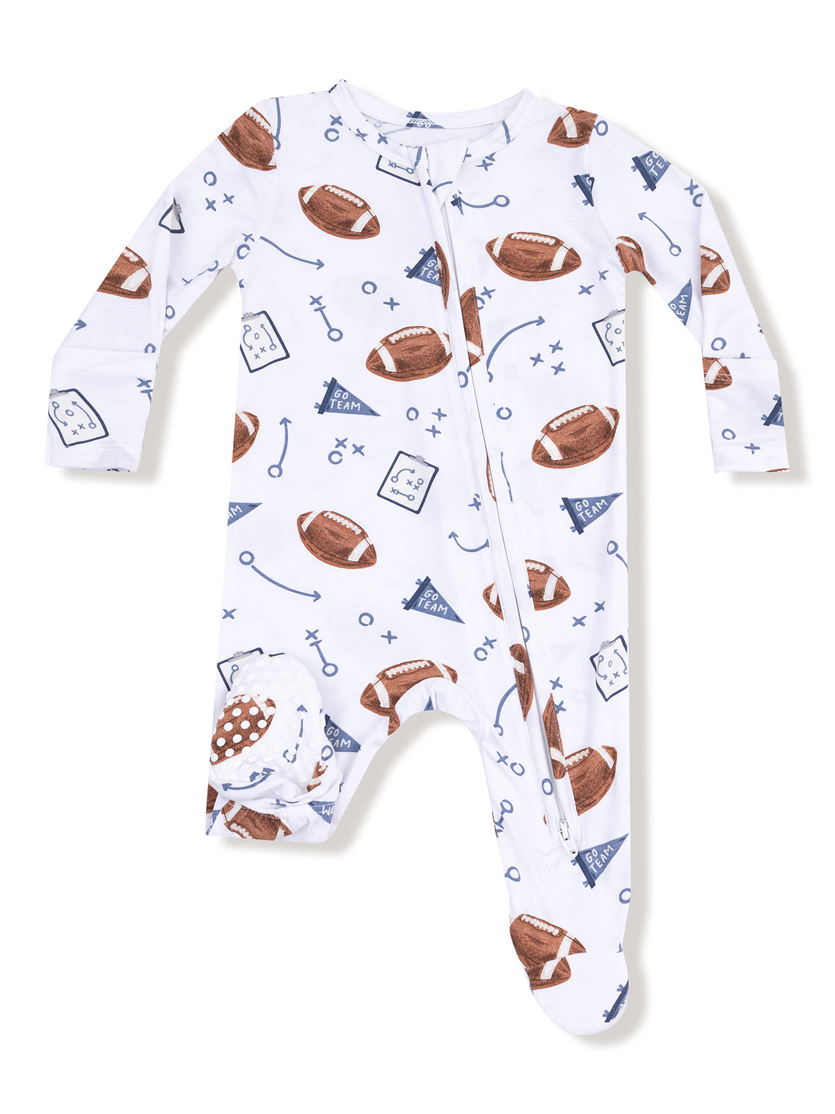 White infant onesie with football pattern and sports-themed icons, featuring a front zipper and footed design.