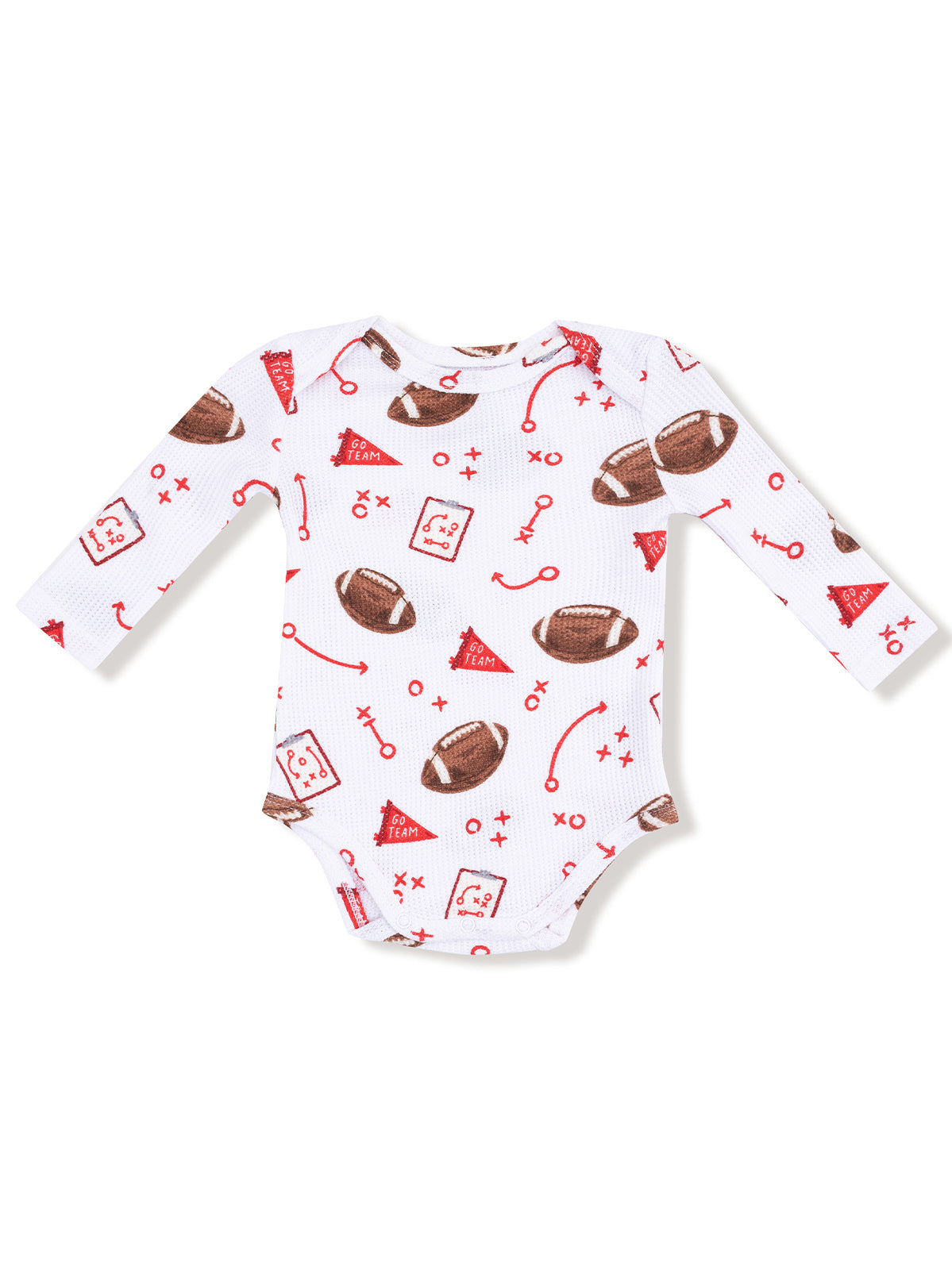 White baby onesie with red football and sports-themed prints, featuring long sleeves and a casual design.