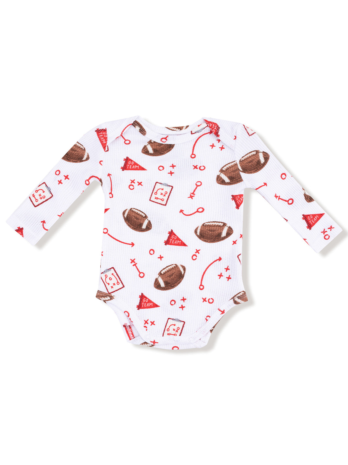 White baby onesie with red football and sports-themed prints, featuring long sleeves and a casual design.