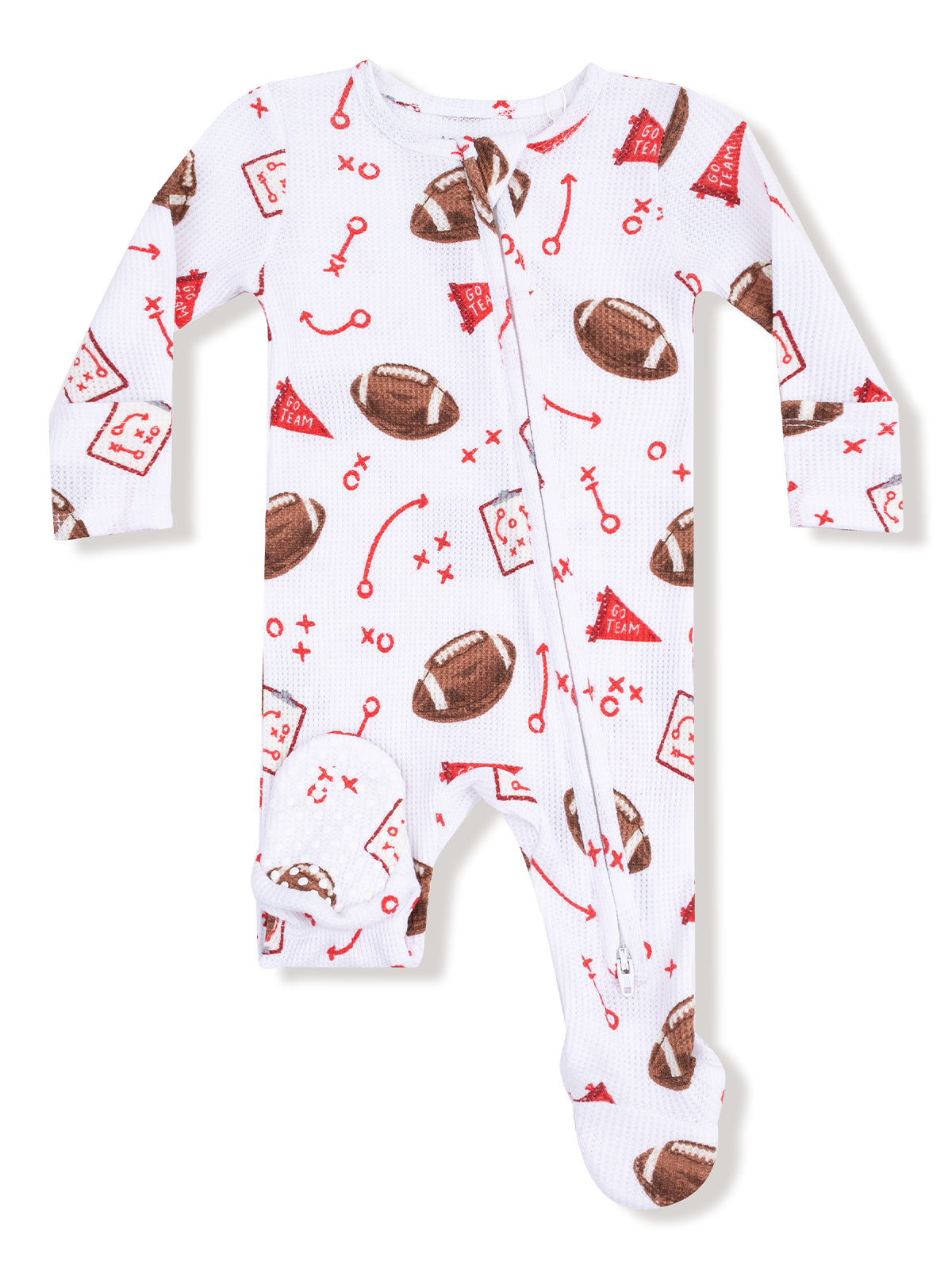 Football-themed baby onesie featuring playful prints of footballs and game strategies.