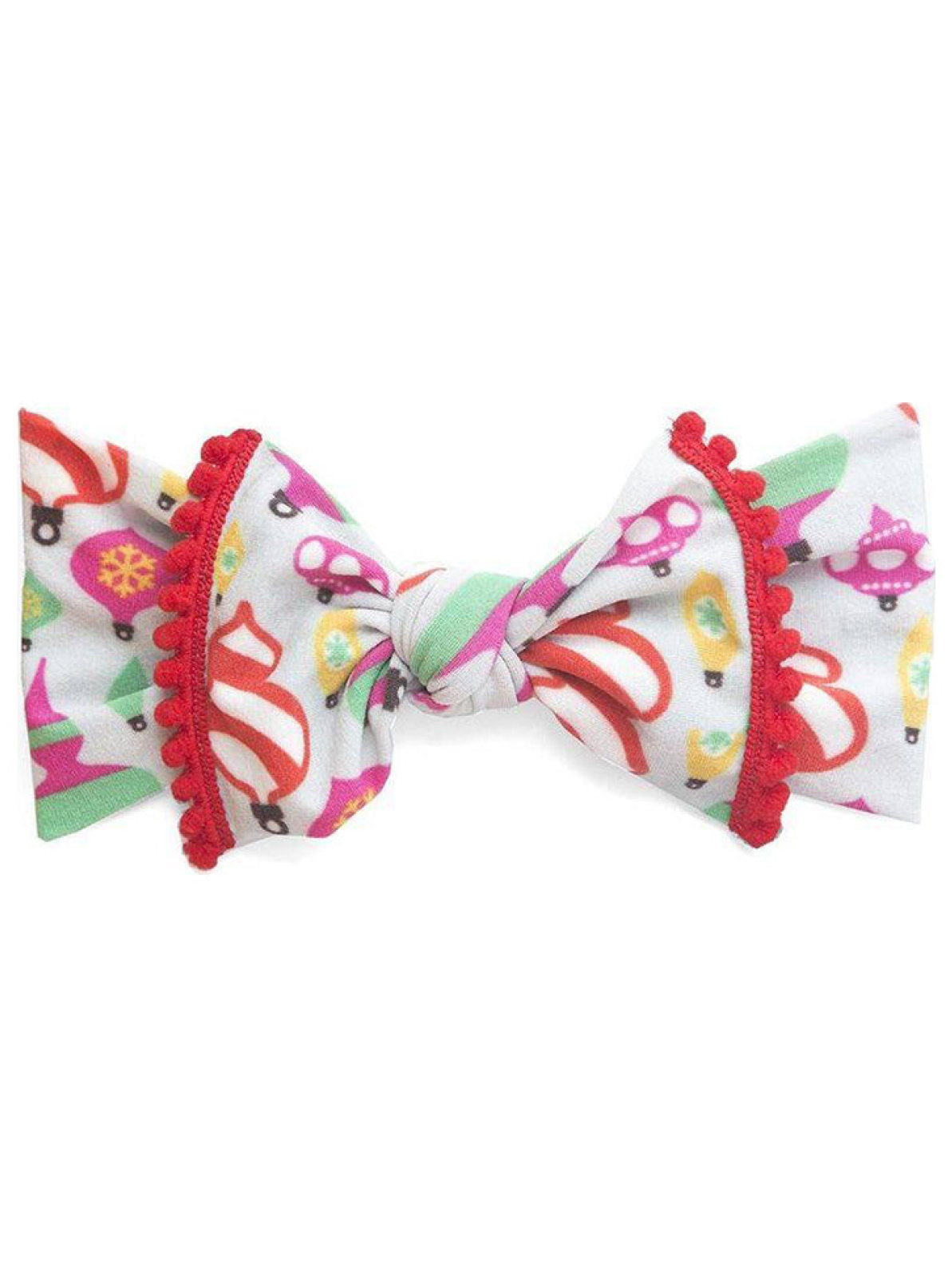 Colorful holiday-themed bow with red trim, featuring patterns of Christmas lights, candy canes, and trees.