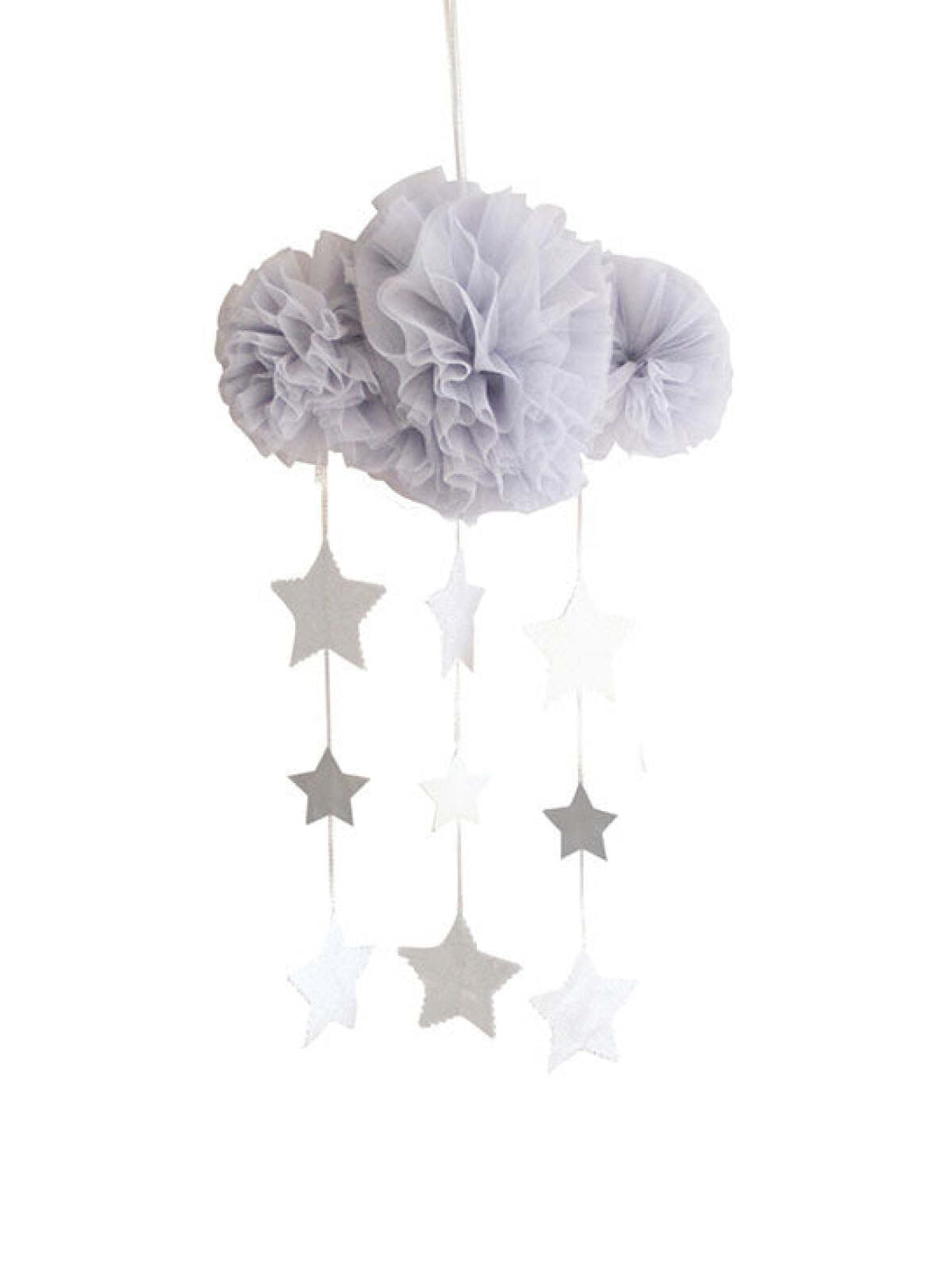 Gray cloud mobile with tulle pom-poms and hanging stars in white and gray. Ideal for nursery decor.
