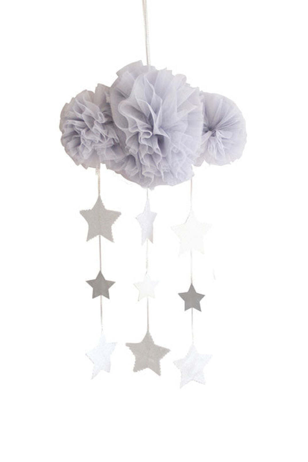 Gray cloud mobile with tulle pom-poms and hanging stars in white and gray. Ideal for nursery decor.
