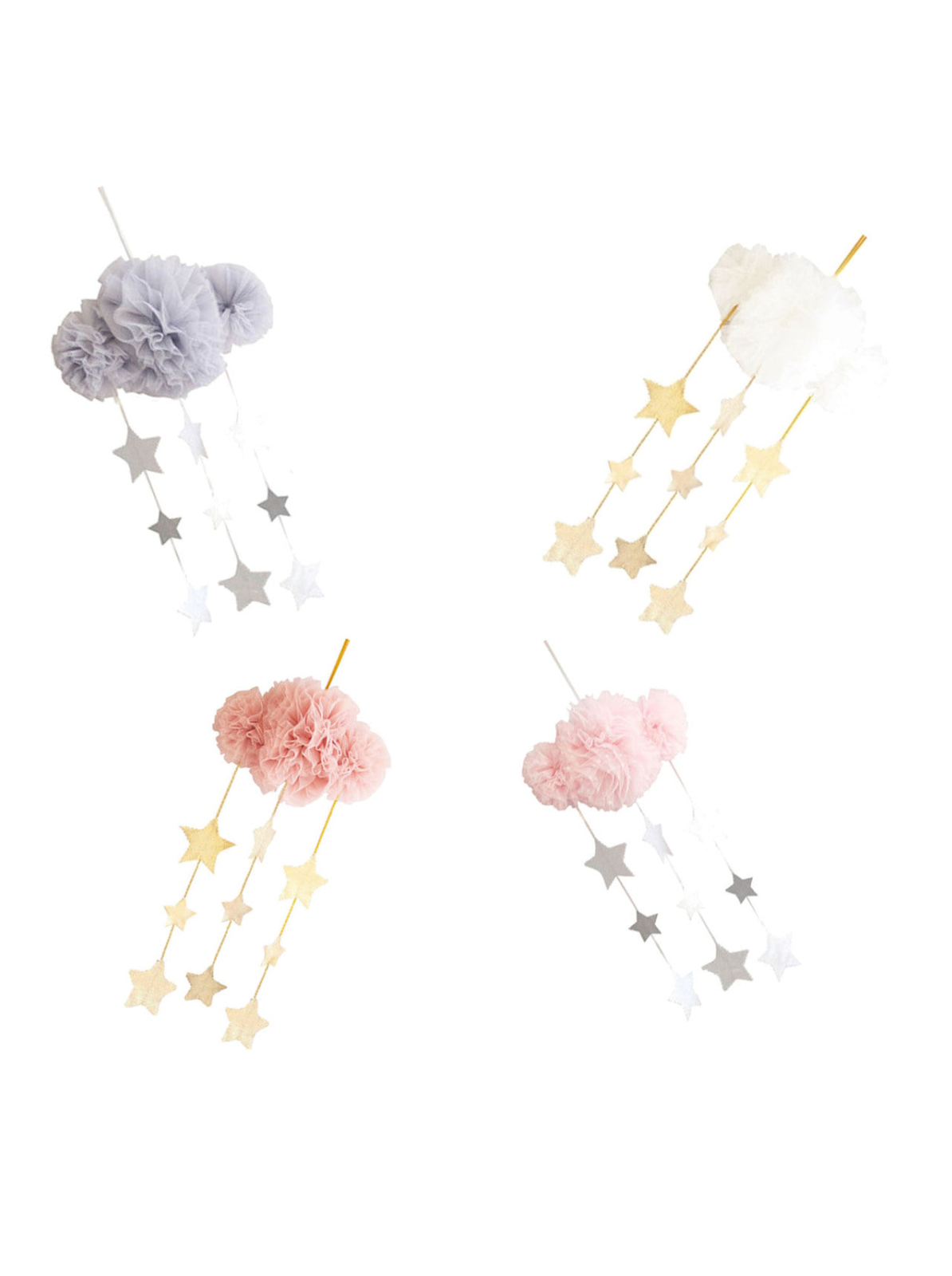 Colorful paper cloud and star mobiles in pink, white, and gray for nursery decor.