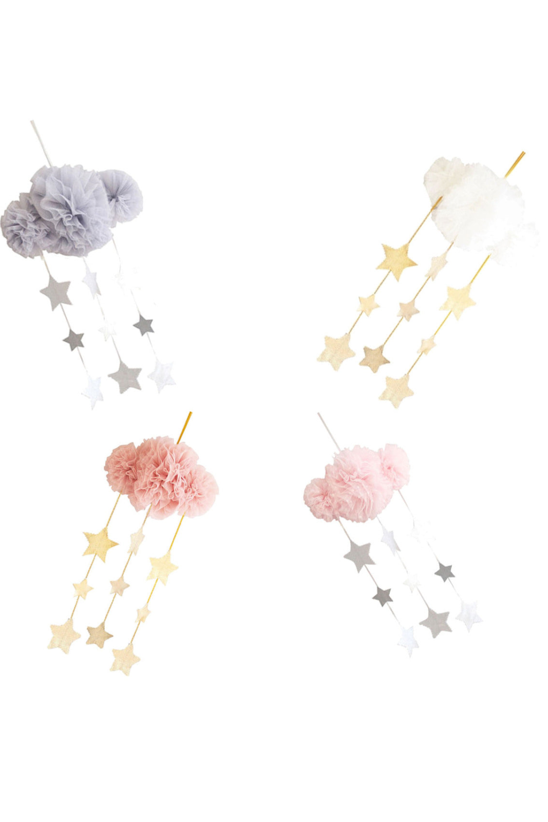 Colorful paper cloud and star mobiles in pink, white, and gray for nursery decor.