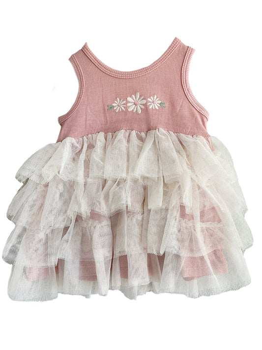 Tank Layered Tulle Dress, Silver Pink Flowers