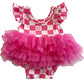 Ruffle Sleeve Tutu Bodysuit, Pink Flower Checkerboard