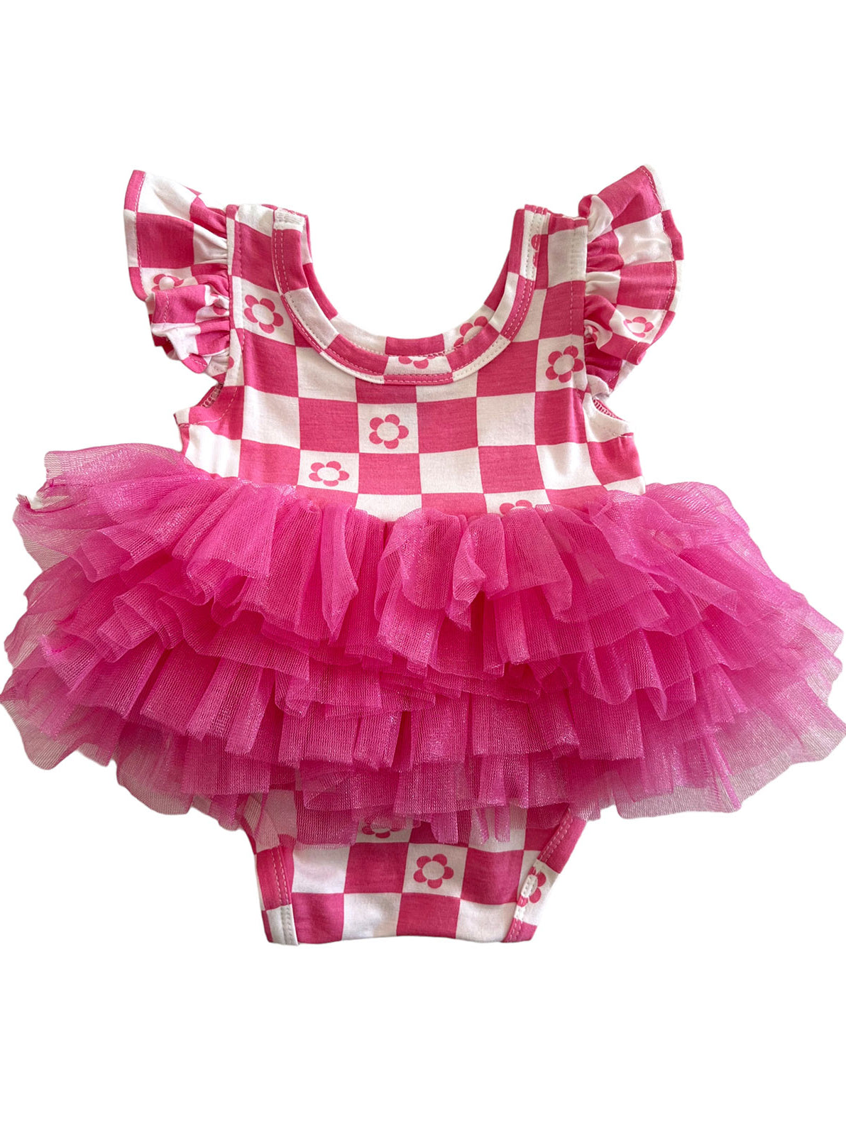 Pink checkered baby swimsuit with ruffled tulle skirt and floral accents on the fabric.