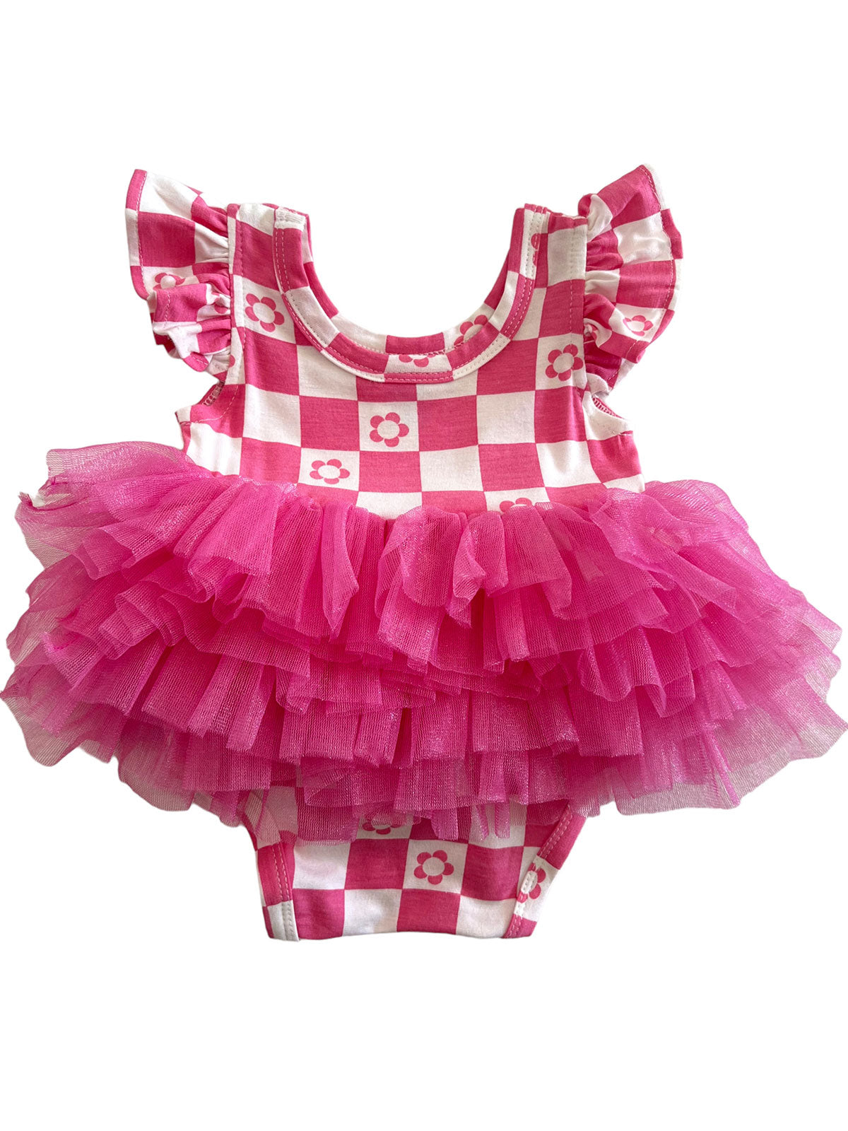 Pink checkered baby swimsuit with ruffled tulle skirt and floral accents on the fabric.