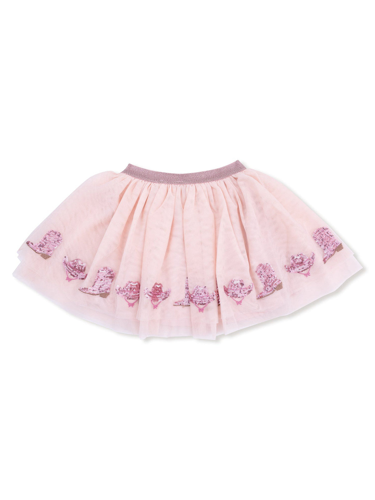 Pink tulle skirt with sparkly floral embroidery and an elastic waistband. Suitable for children's wear.