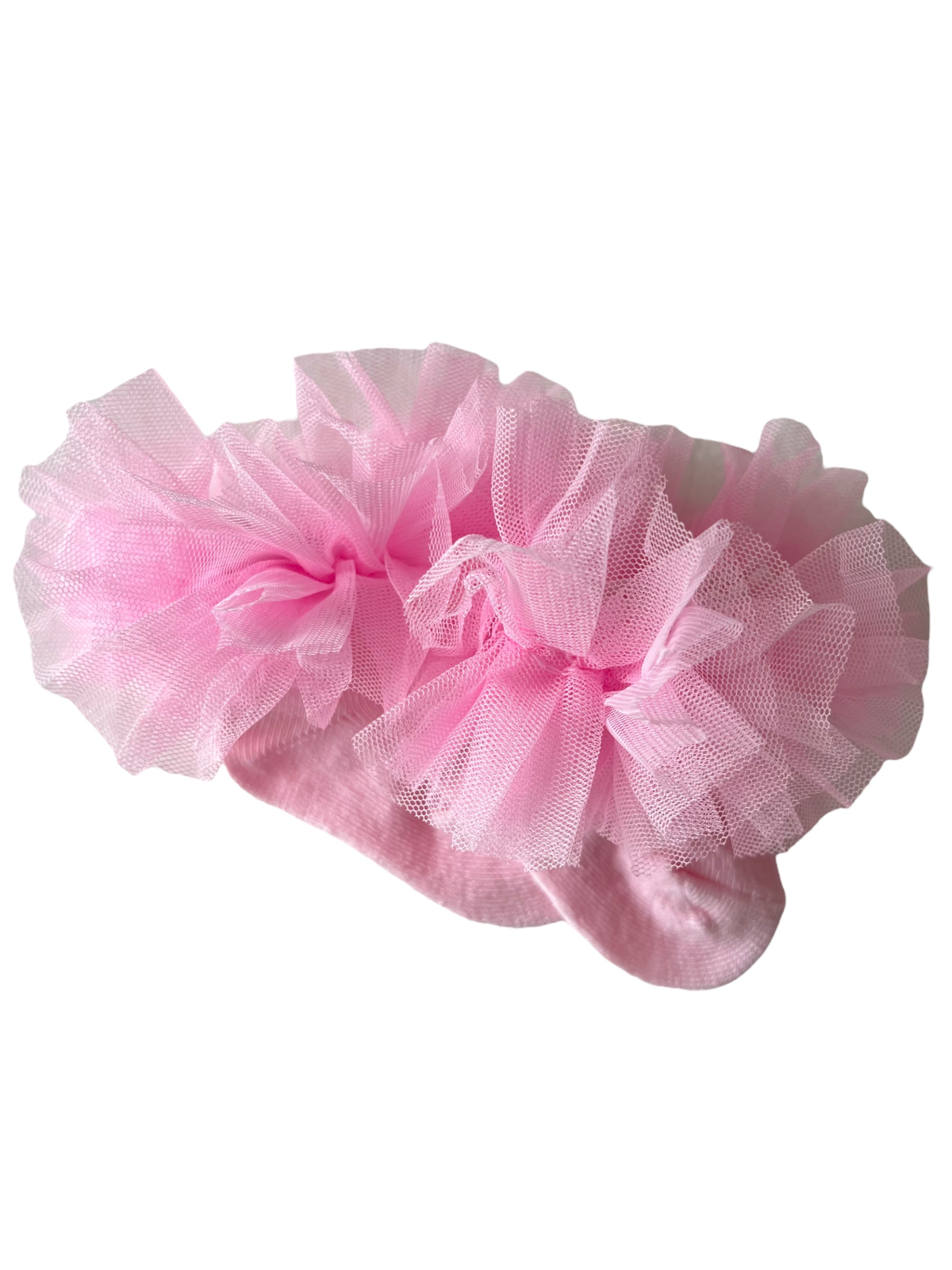 Pink headband adorned with fluffy tulle flowers for a playful, stylish look. Ideal for fashion-forward infants.