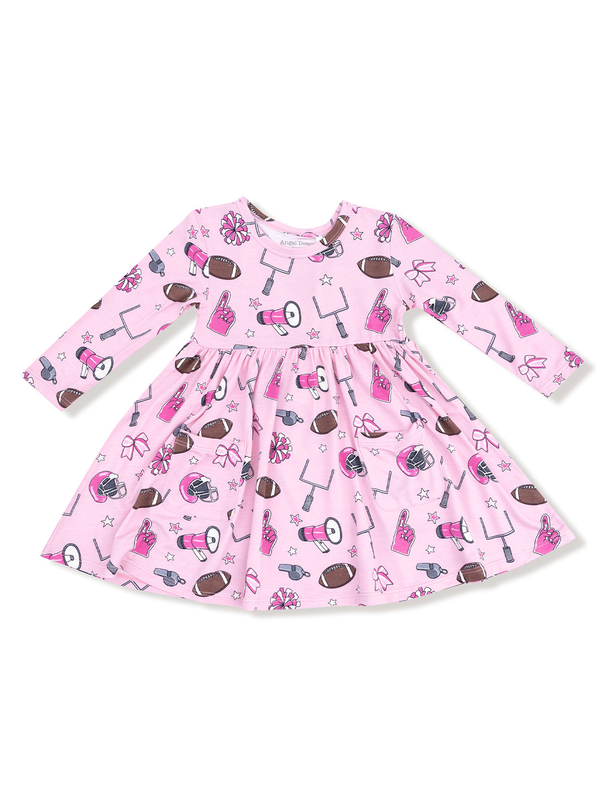 Pink dress with football and cheerleading motifs, featuring long sleeves and a gathered skirt.