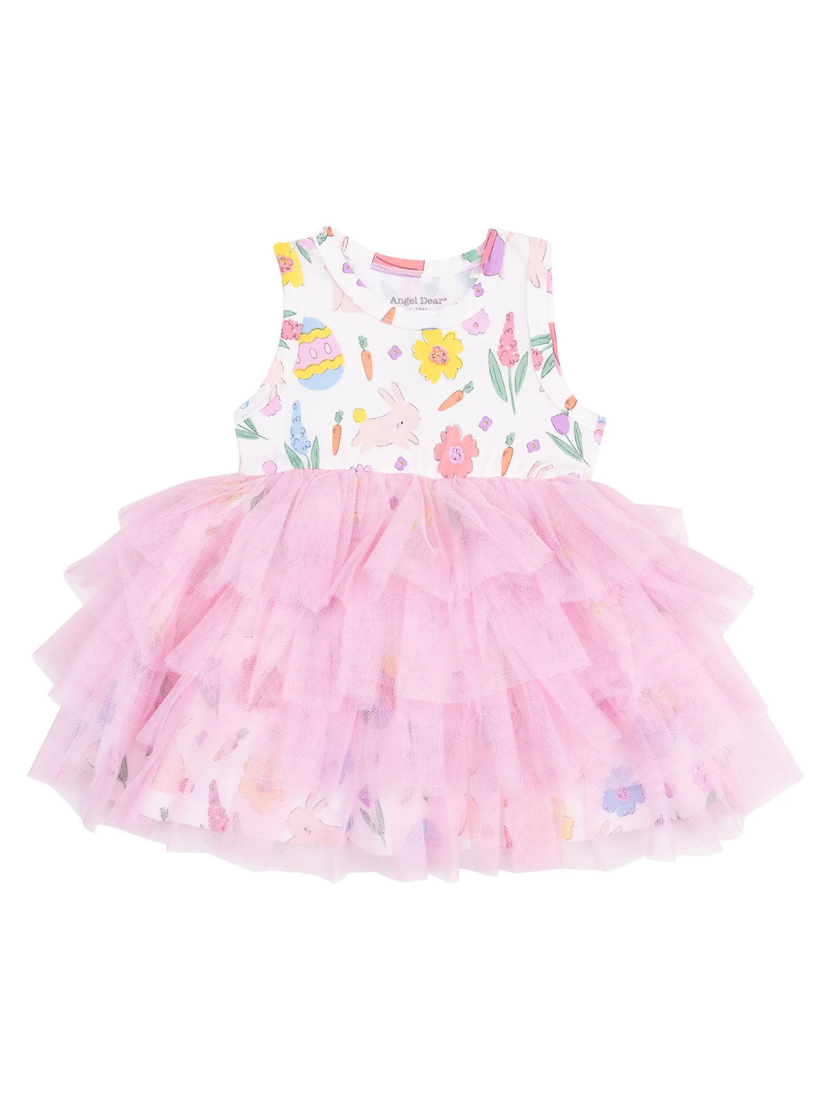 Toddler dress with floral pattern and pink tulle skirt, perfect for spring celebrations and special occasions.