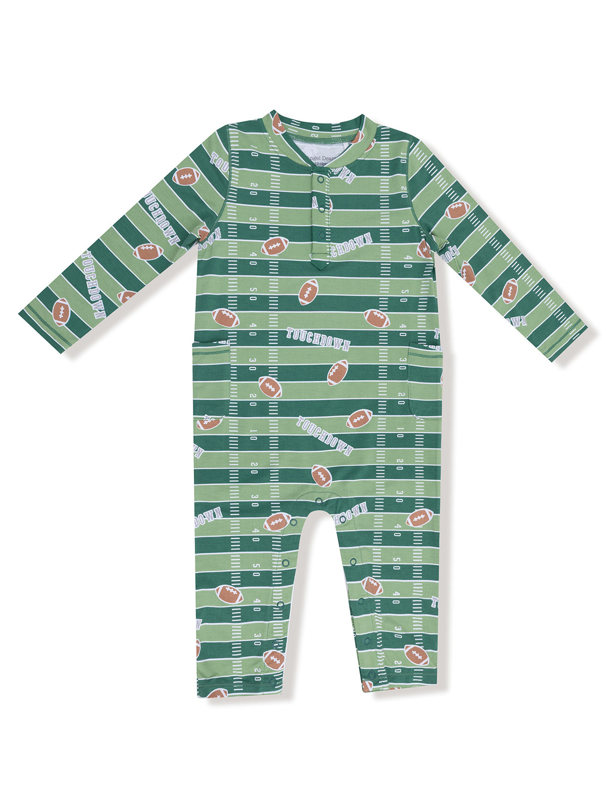 Green football-themed romper with long sleeves, featuring "TOUCHDOWN" and football graphics.
