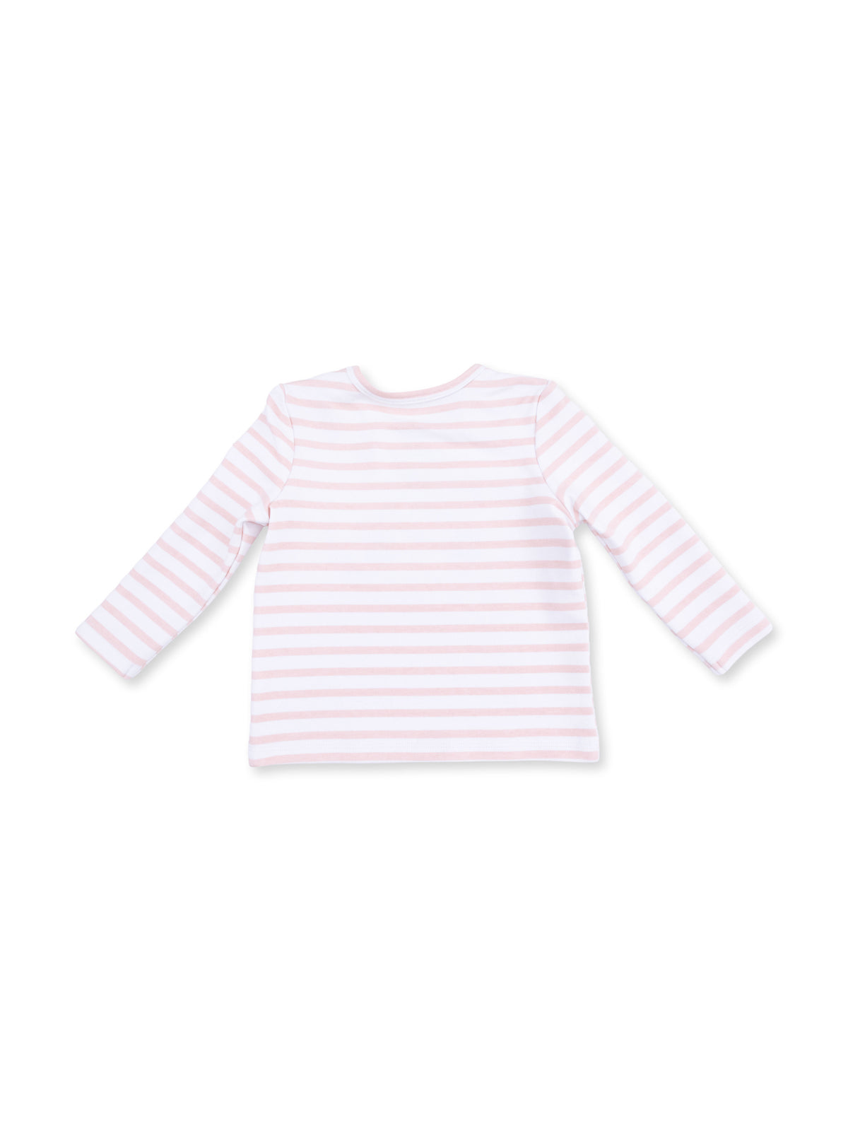 Long-sleeve shirt in pink and white stripes, displayed from the back on a white background.