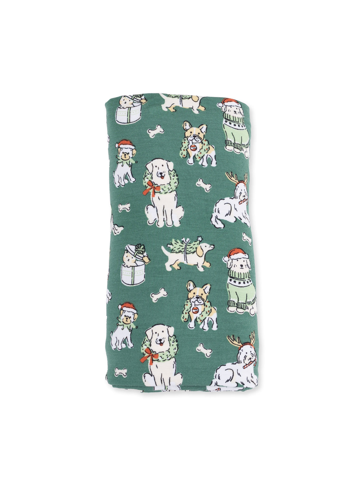 Green fabric featuring playful dogs in festive attire, including Santa hats and Christmas decorations.