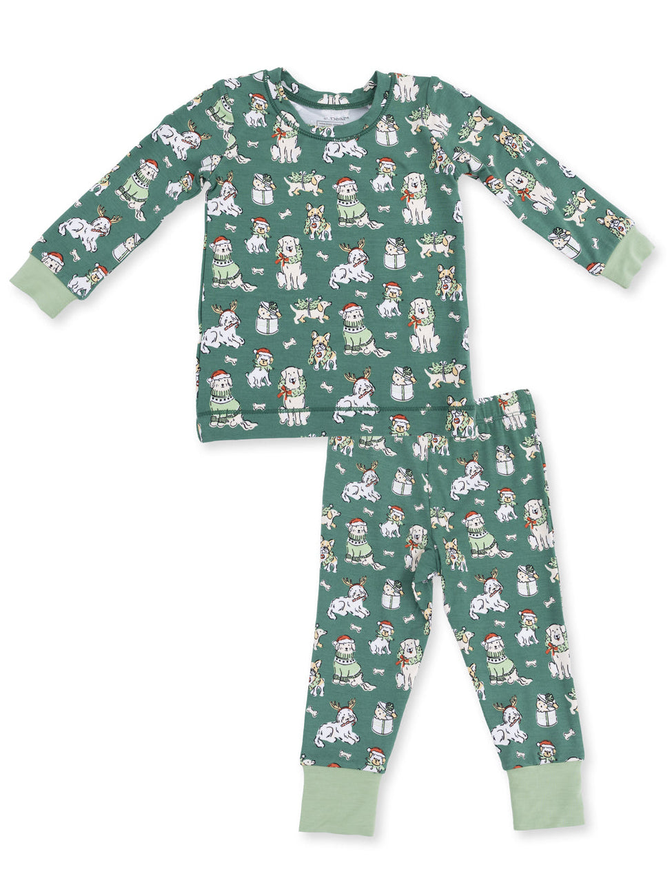 Green pajamas set featuring cartoon dogs in winter attire and festive decorations. Long sleeves and snug fit.