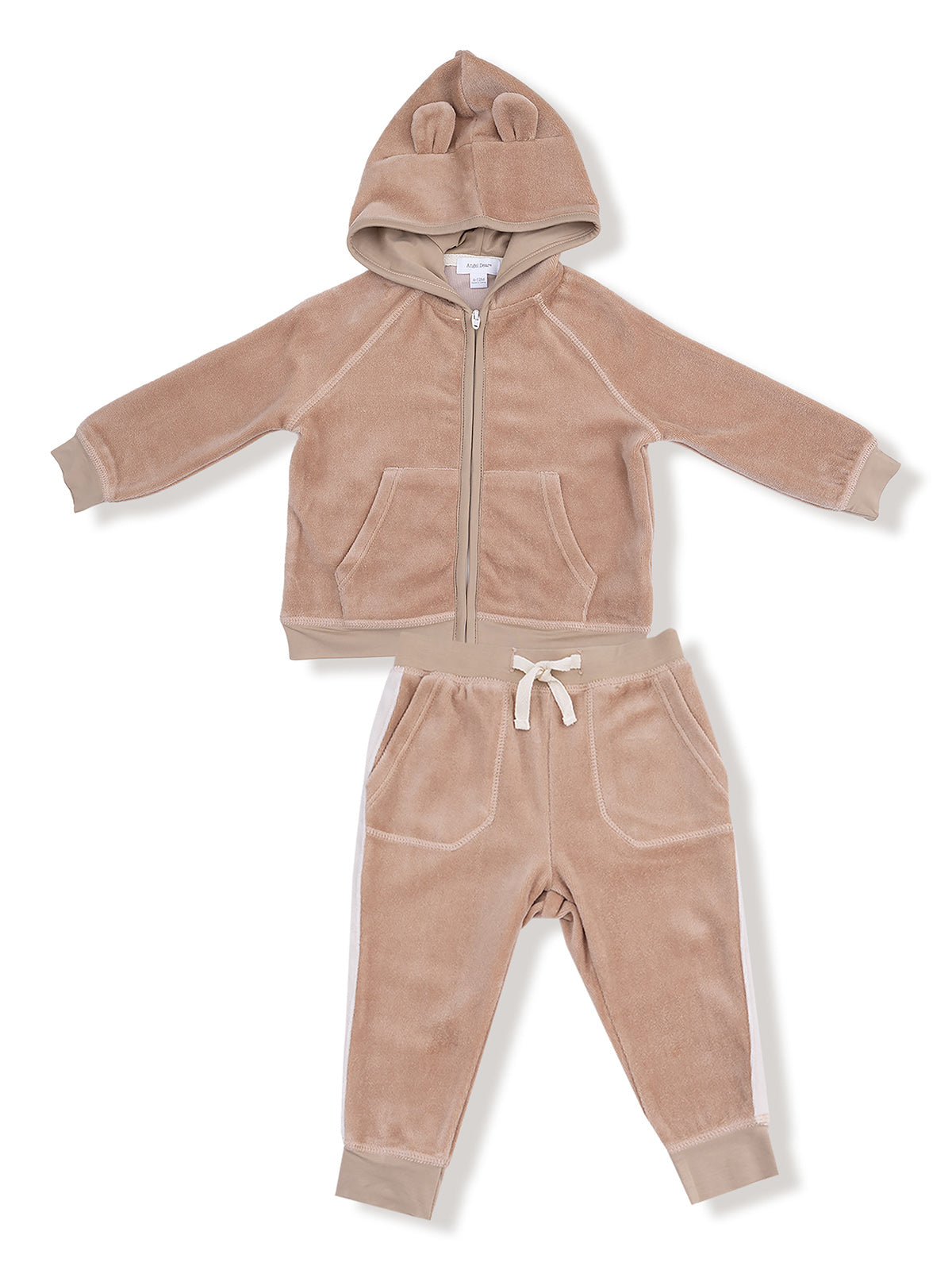 Tan toddler outfit featuring a zip-up hoodie with bear ears and matching pants with pockets. Perfect for cozy playtime.